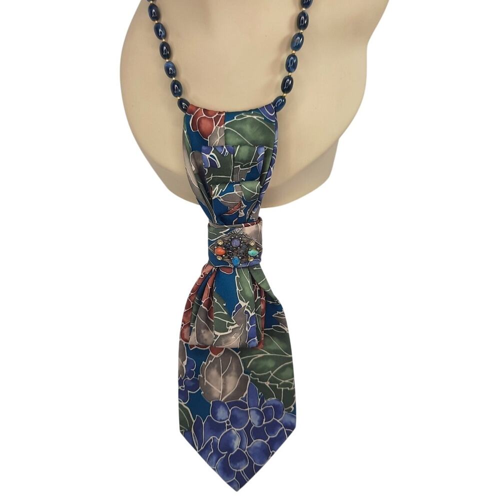Italian Silk Upcycled Necktie Pendant Artisan Made Vintage Beaded Necklace Jewel